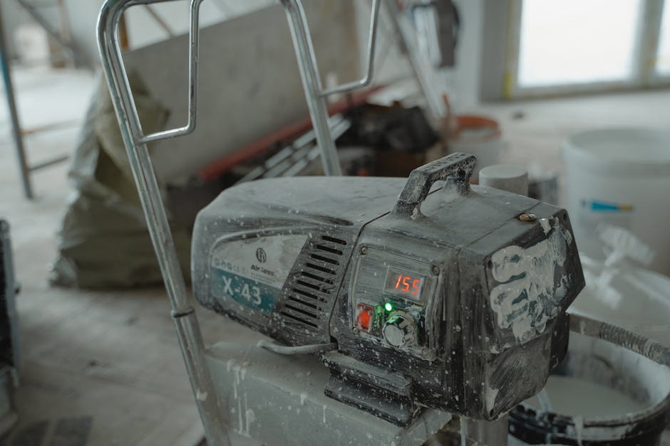 Close-up of industrial construction equipment at a renovation site, emphasizing machinery details.